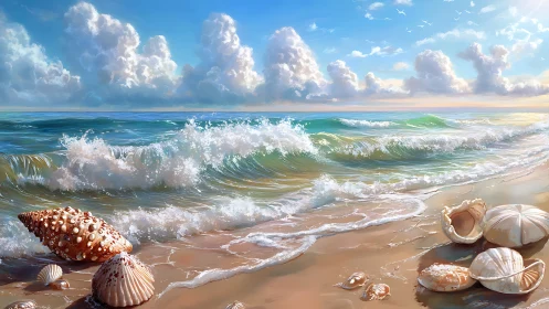 Sunlit seashell shoreline meets luminous rolling surf.