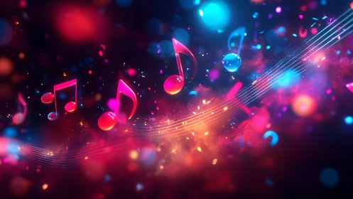 Colorful musical notes float gently through glowing night air