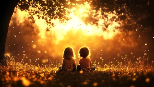 Backlit children in golden hour meadow under volumetric light.