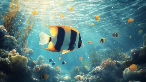 High-contrast reef fish illuminated by volumetric underwater caustics