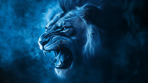 Electric midnight lion uncoils a roar through sapphire smoke