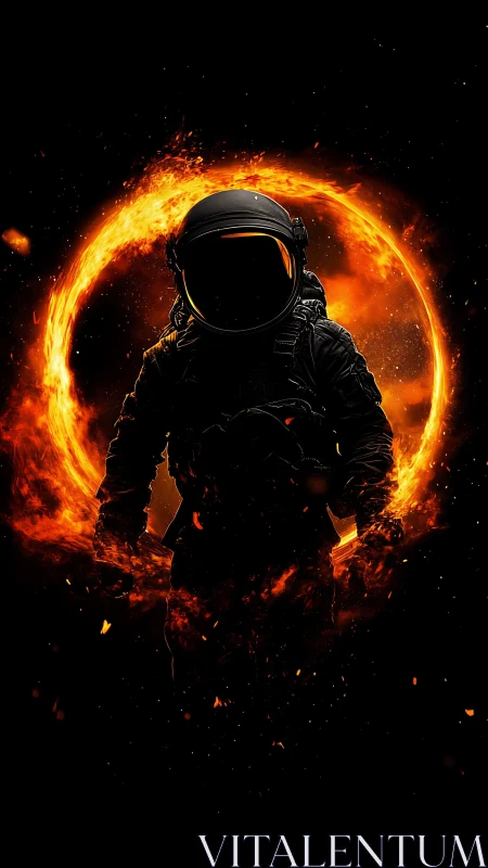 Solar-ringed voidwalker strides through embers of night.