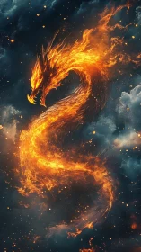 Inferno dragon coils through storm-darkened celestial sky.