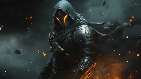 Armored hooded wraith with emissive visor advances through burning embers
