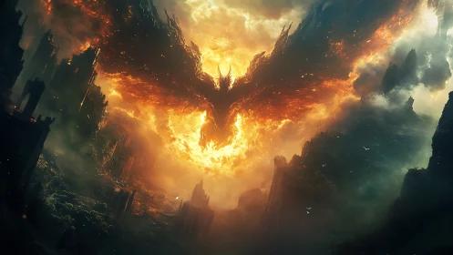 Flaming phoenix erupts over ruined dark fantasy canyon