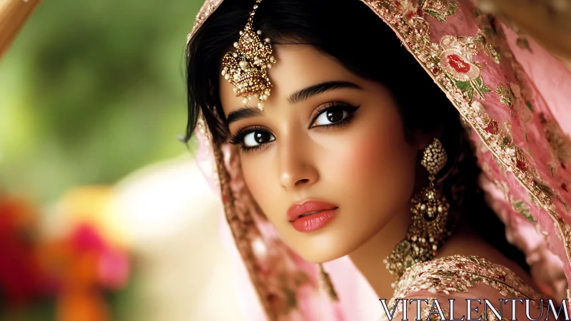 Bridal portrait with ornate pink dupatta and gold jewelry.