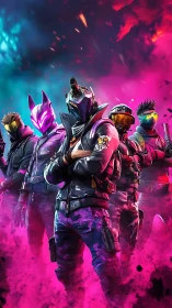 Neon-armored squad in stylized 3D render with volumetric smoke gradients