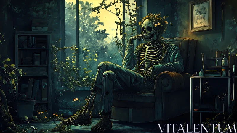Skeleton in overgrown armchair sits in decayed living room