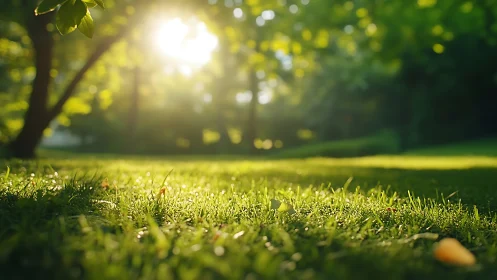 Low-angle lawn perspective captures backlit grass with shallow depth