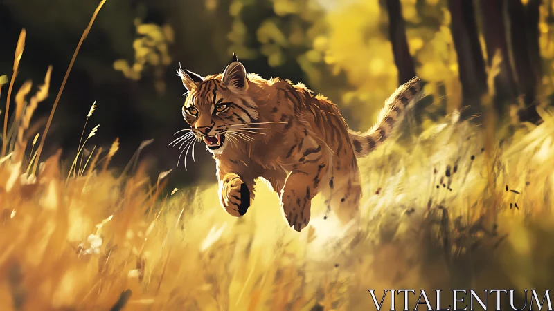 Wild sunrise predator racing through golden forest grasslands.