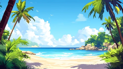 Tropical Island Paradise Beach with Palm Trees and Azure Waters.
