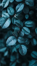Macro close-up of rain-soaked blue foliage with shallow depth