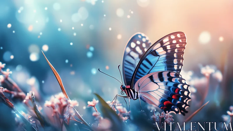 Gentle blue butterfly pauses in a dreamy pastel meadow