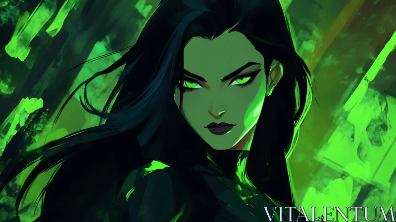 Emerald-eyed sorceress in vivid neon green aura portrait.