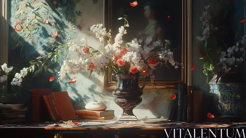 Baroque Floral Still Life with Classical Sculptural Elements and Dramatic Chiaroscuro Lighting