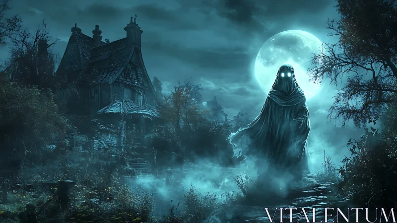 Moonlit wraith drifts from crooked mansion of whispered dread.