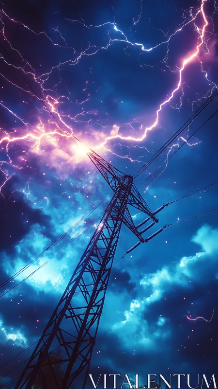 High voltage tower under neon-charged storm sky at night.