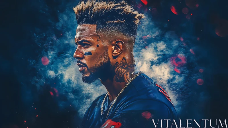 Focused athlete profile emerges from dramatic smoke and light