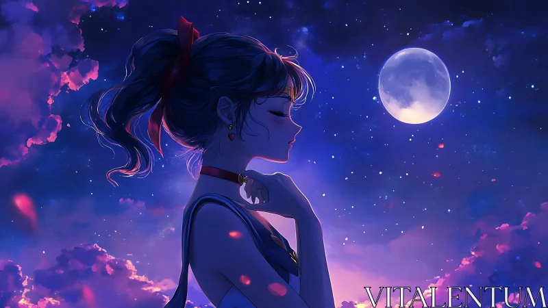 Moonlit anime girl gazes skyward amid glowing clouds