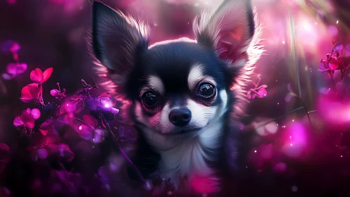 Gentle chihuahua nestled in glowing pink garden dreamscape.