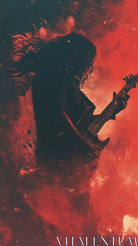 Silhouetted guitarist stands against textured red backdrop