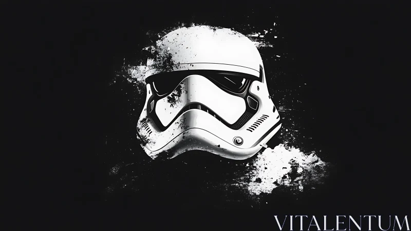 White sci-fi helmet bursts from dark splattered void.