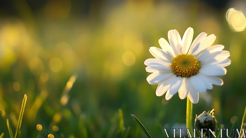 Sunlit daisy soloist basking in a mellow golden meadow glow.