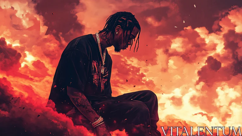 Storm-lit reflection amid glowing red and ember clouds.