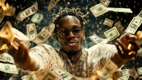 Stylish man surrounded by flying US dollar banknotes.
