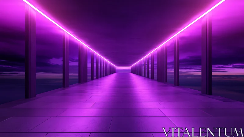 Purple neon corridor with reflective tiled floor at dusk.