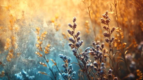 Lavender-like plant stems in warm and cool bokeh light field.