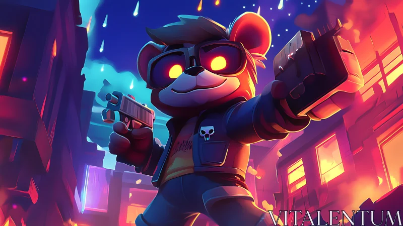 Heroic cyberpunk teddy bear stands tall amid neon chaos.