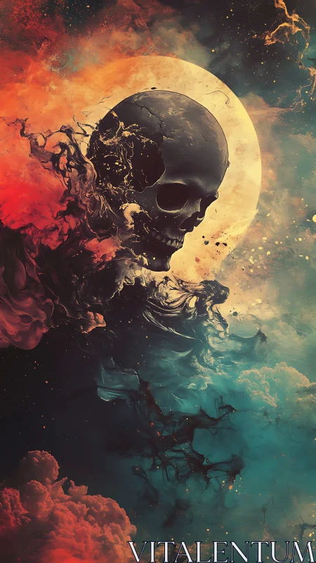 Skull dissolves in cosmic nebula before a burning moon.