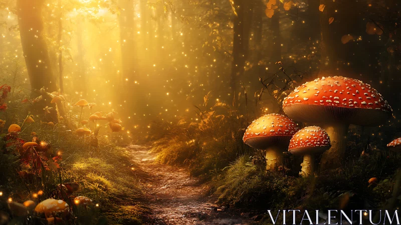 Enchanted forest path with glowing spores and fly agaric.