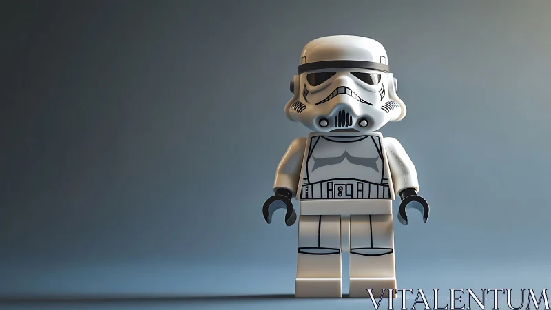 Playful toy stormtrooper minifigure stands in soft studio light