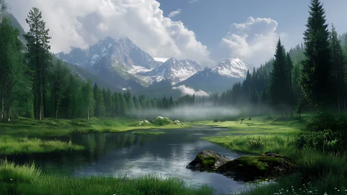 Quiet mountain lake wrapped in misty evergreen calm.