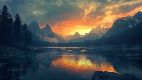 Sunset fire braids mountain spires into the quiet lake