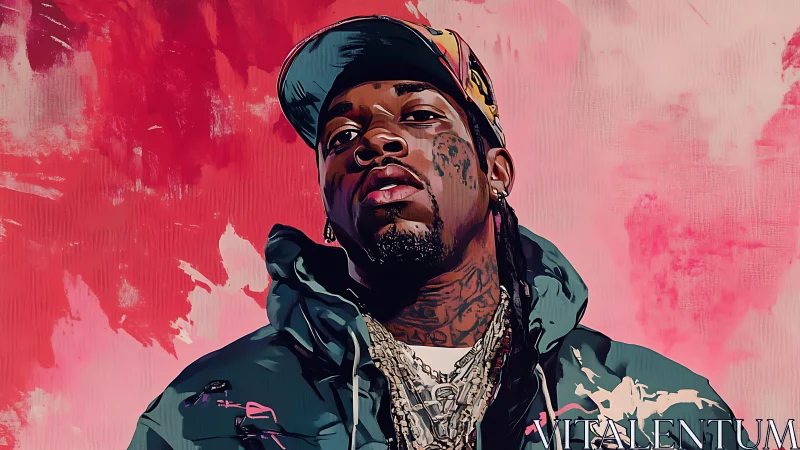 Portrait of tattooed man in jacket and cap against pink background