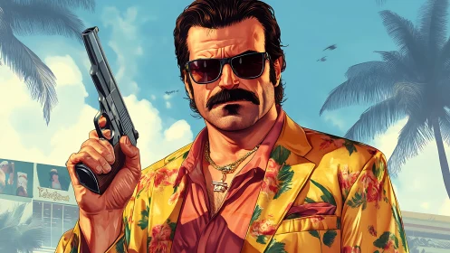 Bold mustached antihero in a tropical neon-soaked paradise.