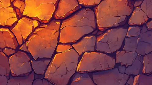 Cracked stone wall glows with molten amber light gradients.