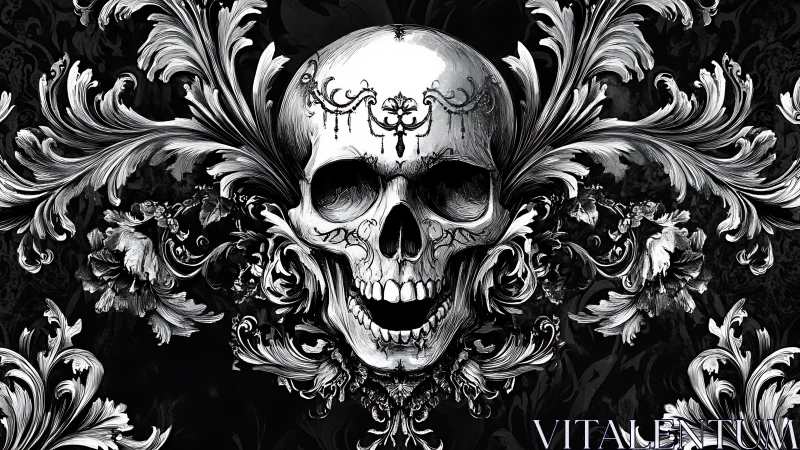 Baroque skull merges with swirling floral ornamentation.