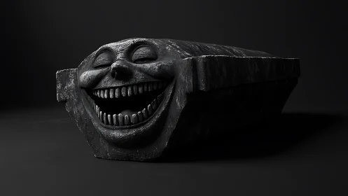 Playfully eerie stone coffin with a wide grinning face.