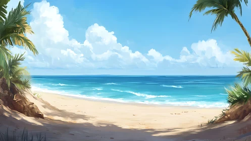 Tropical Beach Paradise with Palm Trees and Ocean Waves