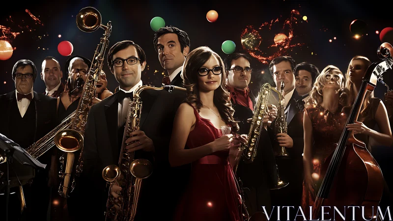 Jazz orchestra in satin light with brass and strings.