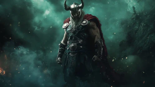 Viking warrior stands in emerald mist with red battle cloak.
