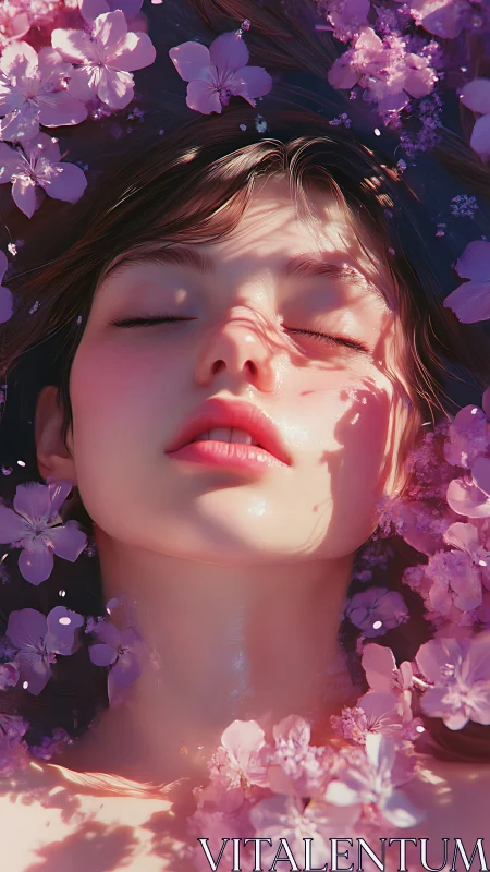 Young woman in pink flower bath with closed eyes.