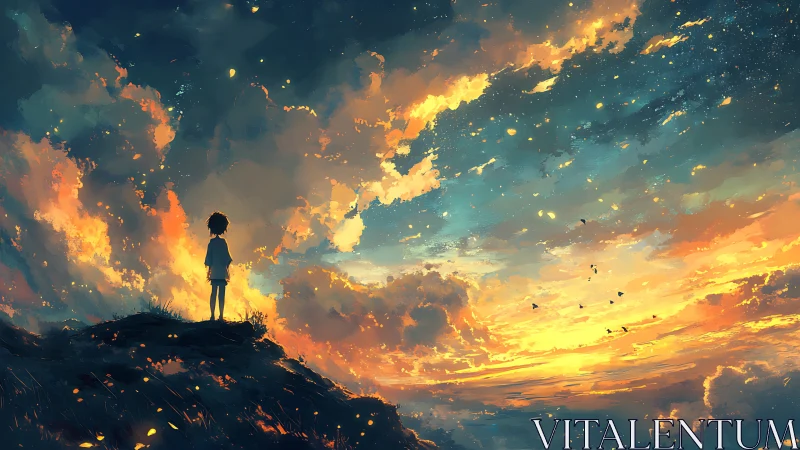 Lone dusk dreamer watching a sky stitched with comets.