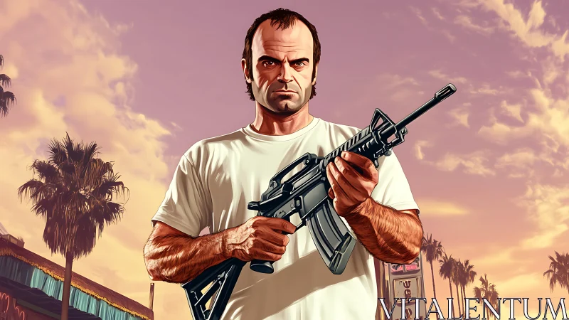 Armed man stands under pastel sky beside urban palm strip