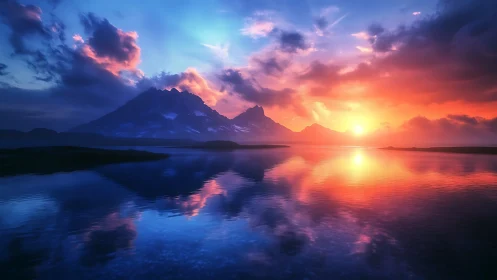 Mountain lake sunset renders high-saturation chromatic drama