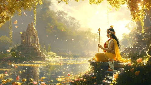 Divine riverside deity in luminous temple landscape digital painting.